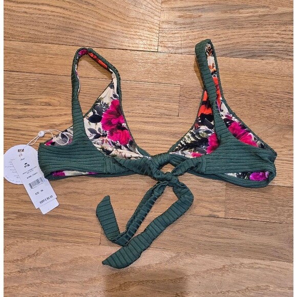 NWT PQ Swim Ribbed Bikini Top Reversible Green Desert Rose Floral Sz S - Picture 3 of 3